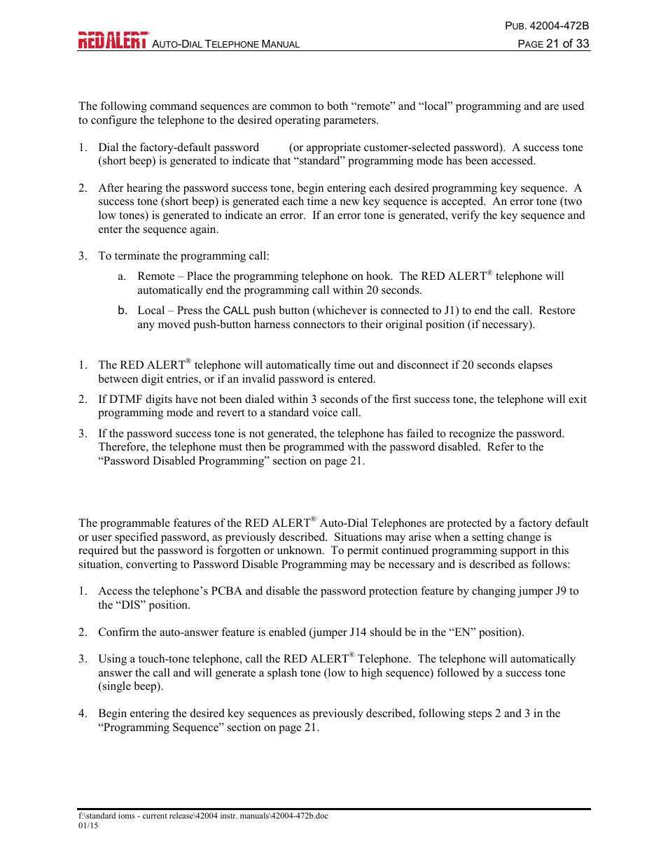 Programming sequence, Password disabled programming | GAI-Tronics 393-001AD,  RED ALERT Auto-dial Telephones User Manual | Page 23 / 36