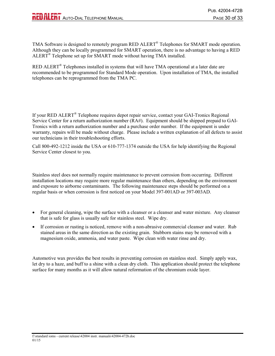 Smart mode programming, Maintenance, Service | Preventive maintenance for flush-mount telephones, Cleaning, Prevention | GAI-Tronics 393-001AD,  RED ALERT Auto-dial Telephones User Manual | Page 32 / 36