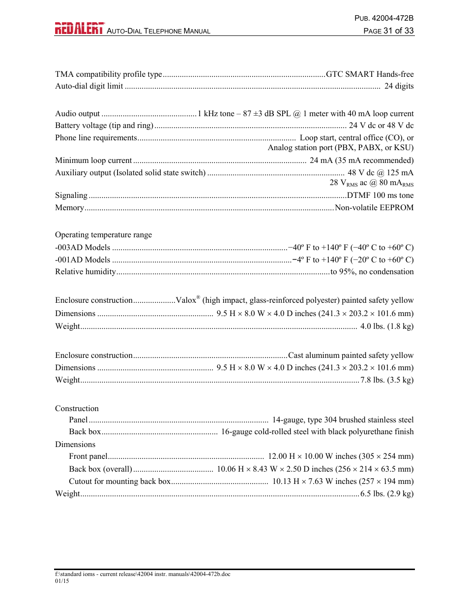 Specifications | GAI-Tronics 393-001AD,  RED ALERT Auto-dial Telephones User Manual | Page 33 / 36