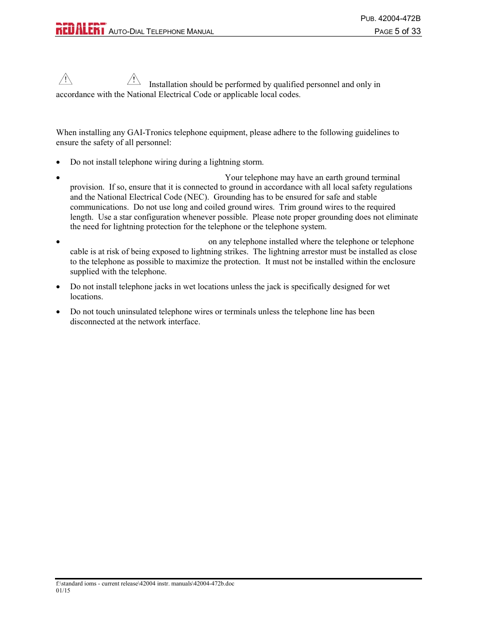 Installation, Safety guidelines | GAI-Tronics 393-001AD,  RED ALERT Auto-dial Telephones User Manual | Page 7 / 36