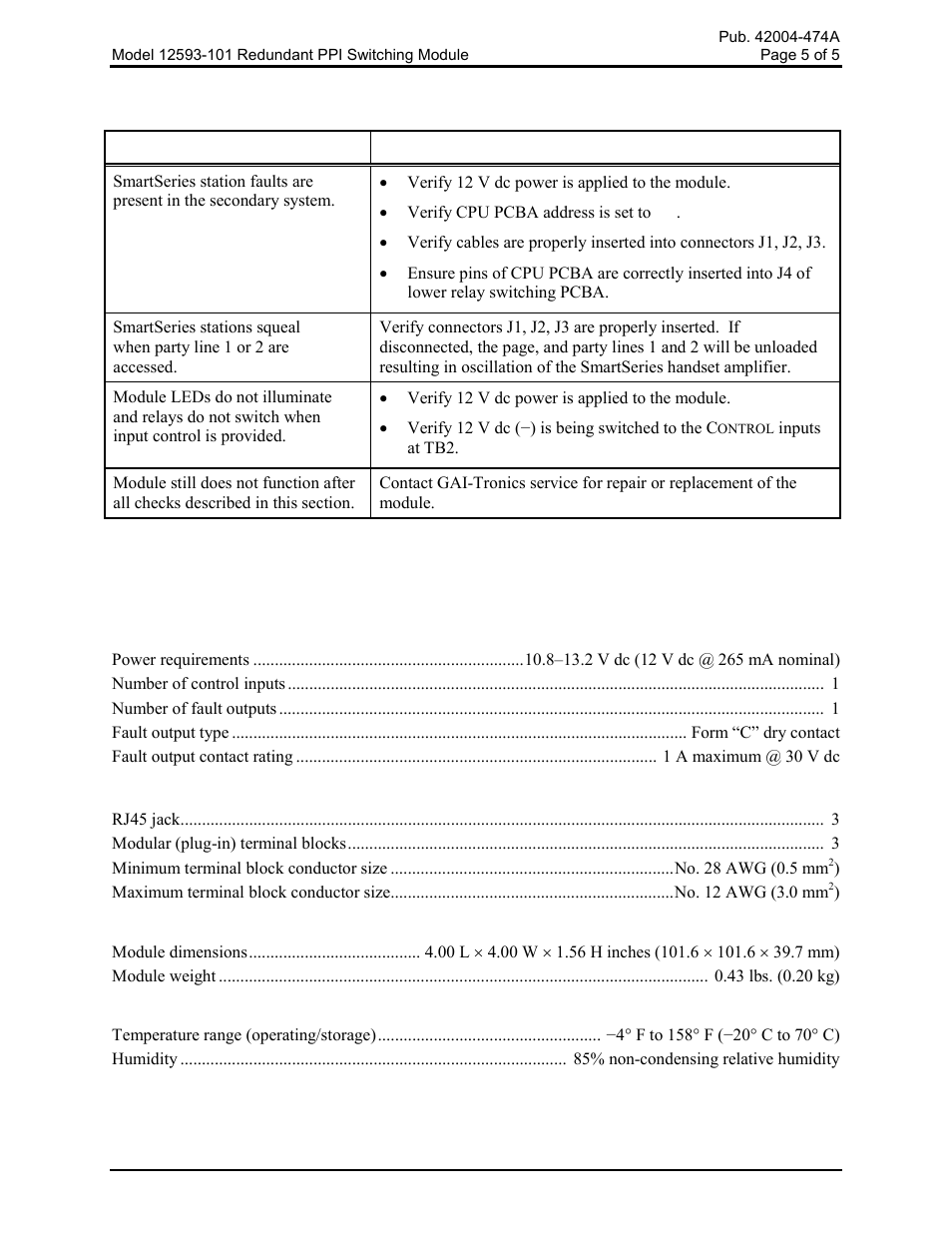 Troubleshooting, Specifications | GAI-Tronics 12593-101 Redundant PPI Switching Module User Manual | Page 5 / 6