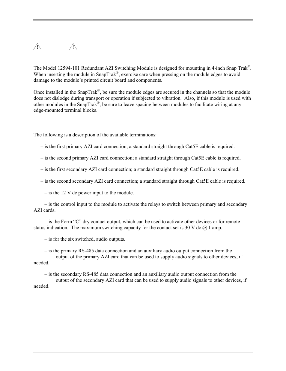 Installation, Terminations | GAI-Tronics 12594-101 Redundant AZI Switching Module User Manual | Page 2 / 6