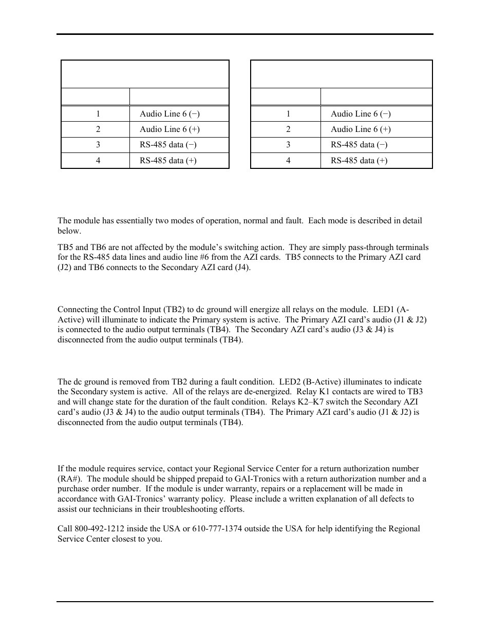 Operation, Normal condition, Fault condition | Maintenance | GAI-Tronics 12594-101 Redundant AZI Switching Module User Manual | Page 4 / 6