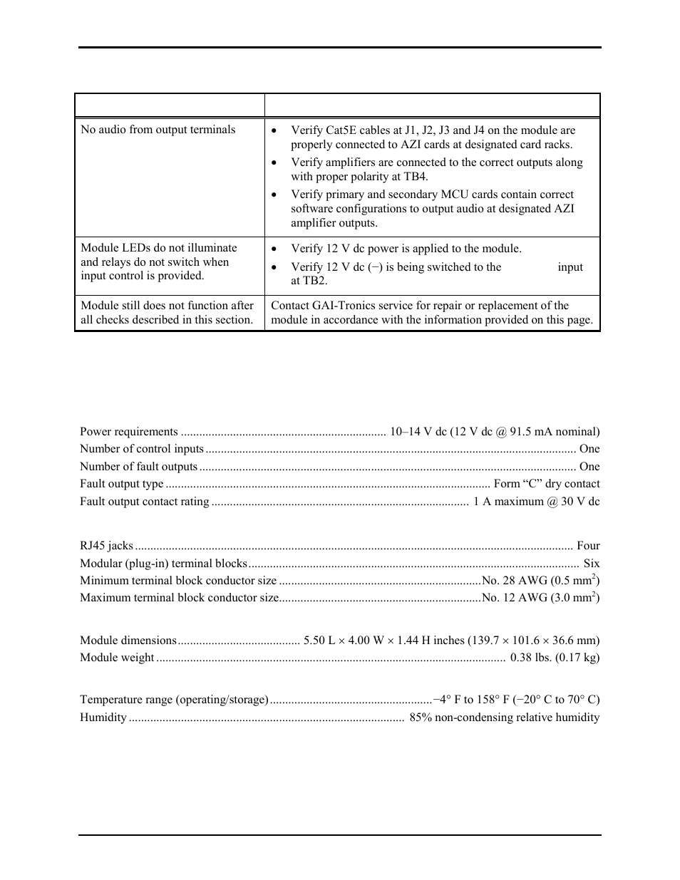Troubleshooting, Specifications | GAI-Tronics 12594-101 Redundant AZI Switching Module User Manual | Page 5 / 6