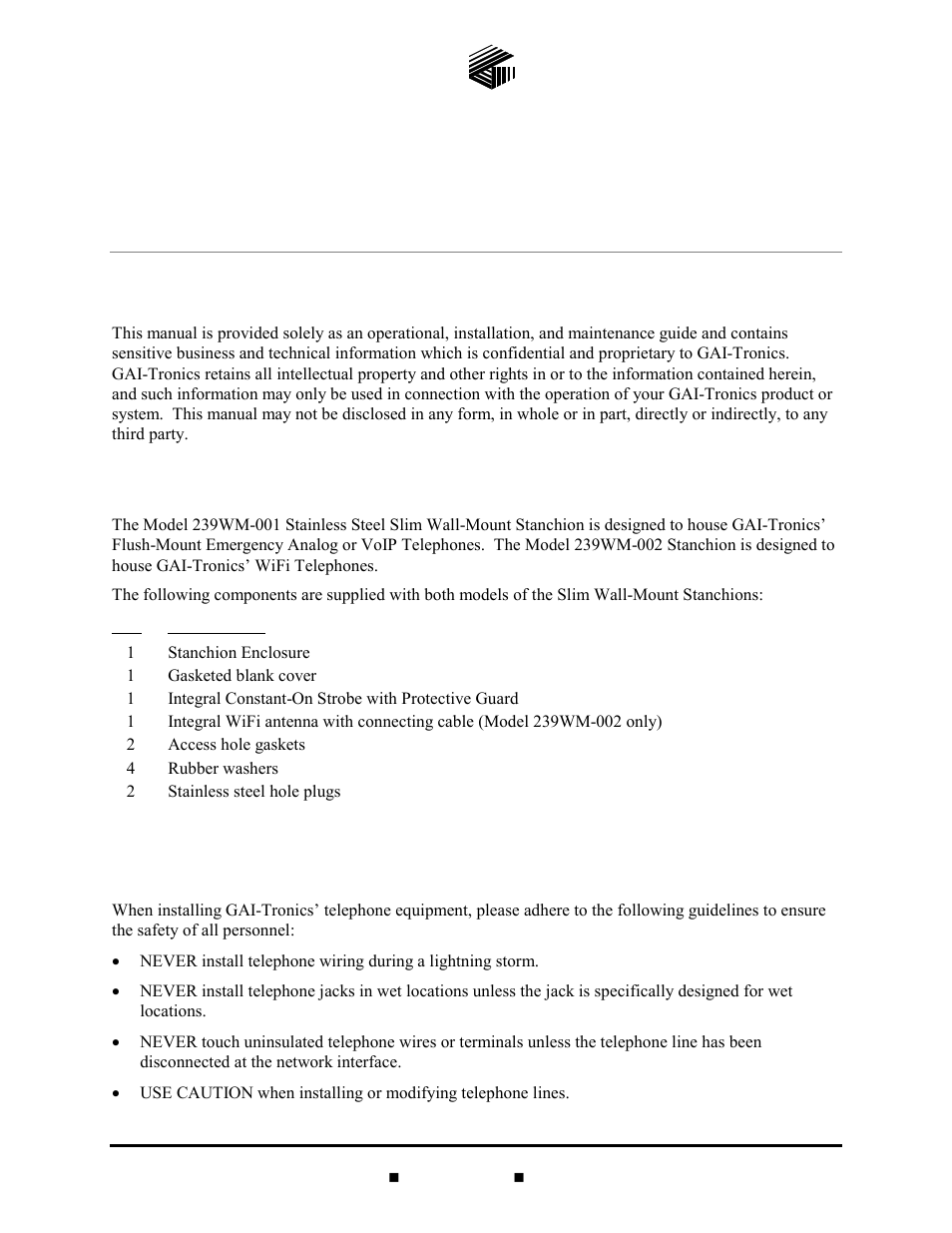 GAI-Tronics 239WM-001 Slim Wall-Mount Stanchions User Manual | 10 pages