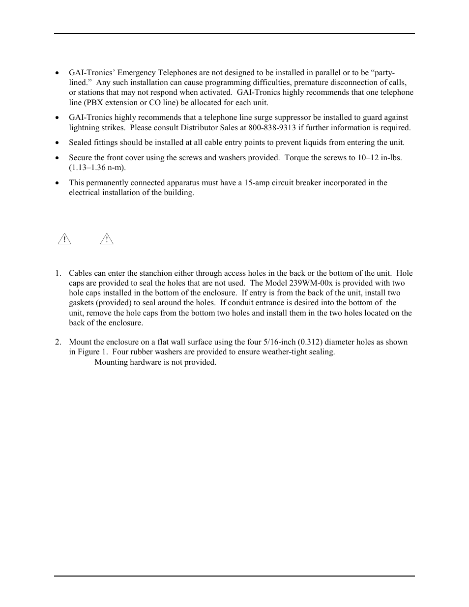 Installation guidelines, Mounting | GAI-Tronics 239WM-001 Slim Wall-Mount Stanchions User Manual | Page 2 / 10