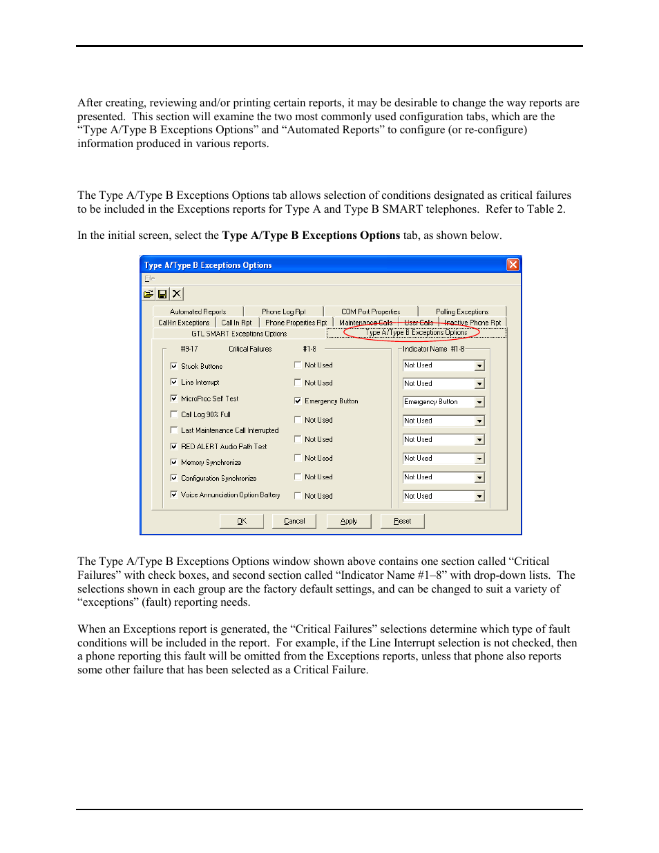 Configuring reports, Type a/type b exceptions options report window | GAI-Tronics TMA Version 7.5.0 Telephone Management Application (TMA) User Guide (Ver. 7.5.0 and newer) User Manual | Page 105 / 131