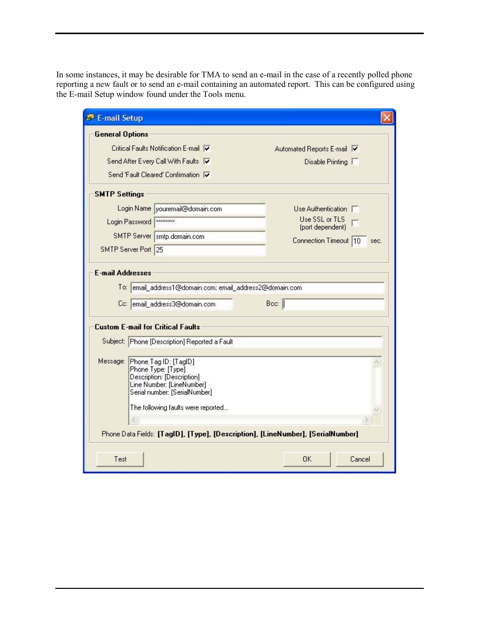 E-mail setup | GAI-Tronics TMA Version 7.5.0 Telephone Management Application (TMA) User Guide (Ver. 7.5.0 and newer) User Manual | Page 114 / 131