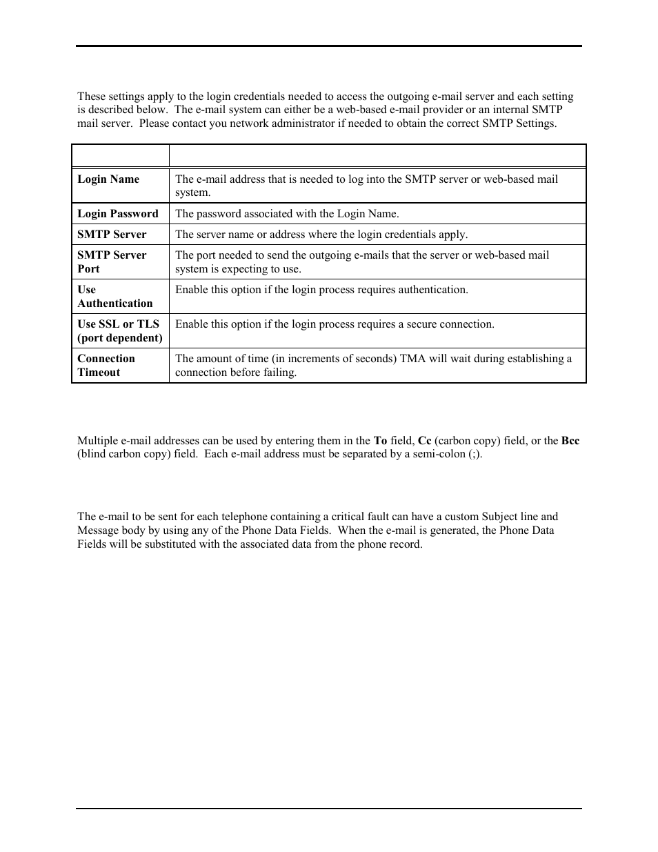 Smtp settings, E-mail addresses, Custom e-mail for critical faults | GAI-Tronics TMA Version 7.5.0 Telephone Management Application (TMA) User Guide (Ver. 7.5.0 and newer) User Manual | Page 116 / 131