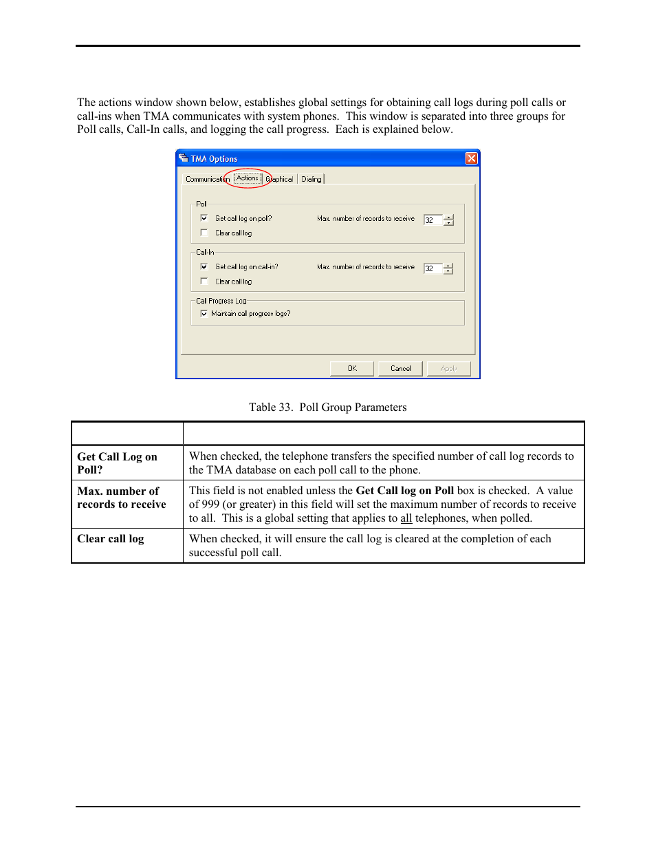 Actions window | GAI-Tronics TMA Version 7.5.0 Telephone Management Application (TMA) User Guide (Ver. 7.5.0 and newer) User Manual | Page 121 / 131