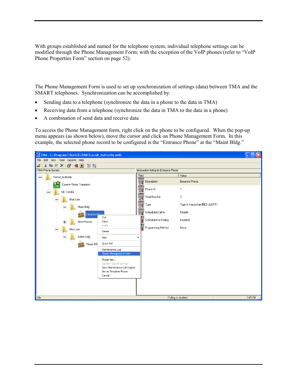 Managing phone records, Phone management form | GAI-Tronics TMA Version 7.5.0 Telephone Management Application (TMA) User Guide (Ver. 7.5.0 and newer) User Manual | Page 26 / 131