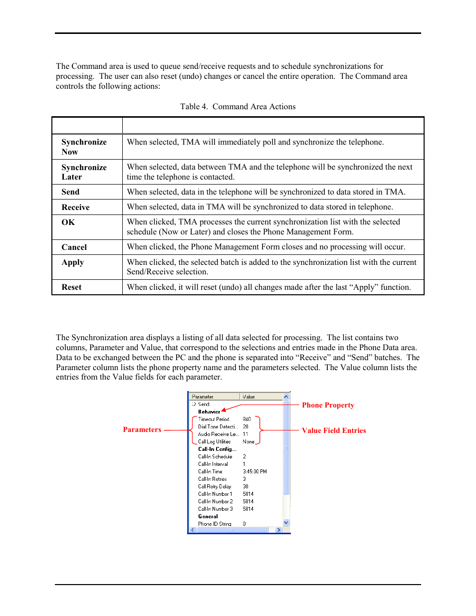 Command area, Synchronization area | GAI-Tronics TMA Version 7.5.0 Telephone Management Application (TMA) User Guide (Ver. 7.5.0 and newer) User Manual | Page 28 / 131