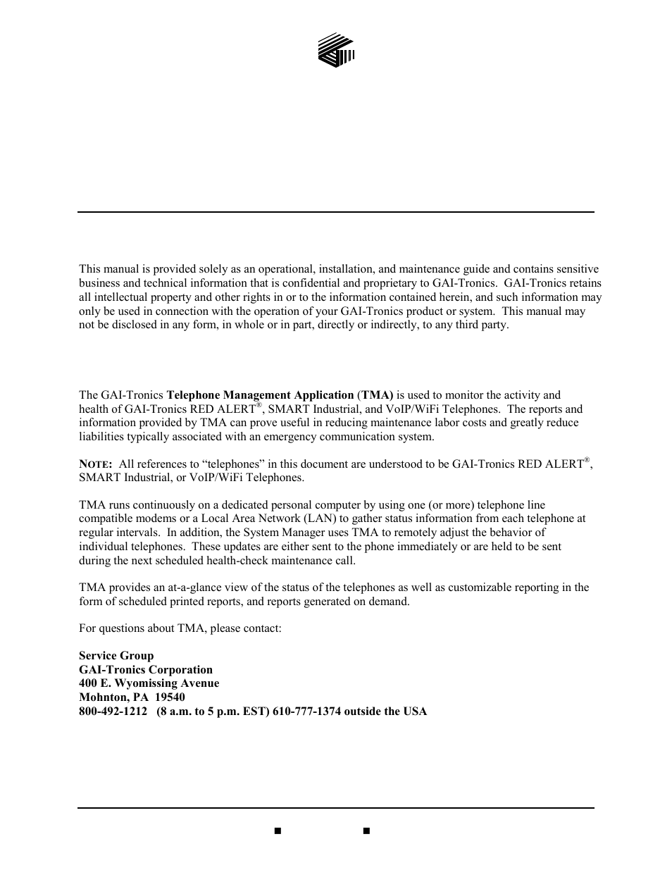 Confidentiality notice, Introduction, Telephone management application (tma) user guide | GAI-Tronics TMA Version 7.5.0 Telephone Management Application (TMA) User Guide (Ver. 7.5.0 and newer) User Manual | Page 4 / 131