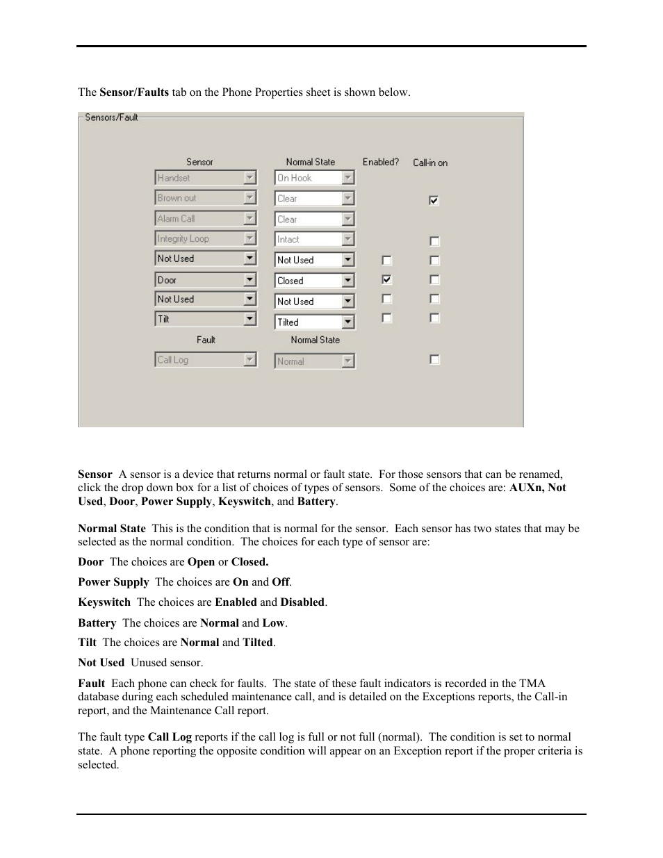 Sensor/faults | GAI-Tronics TMA Version 7.5.0 Telephone Management Application (TMA) User Guide (Ver. 7.5.0 and newer) User Manual | Page 54 / 131