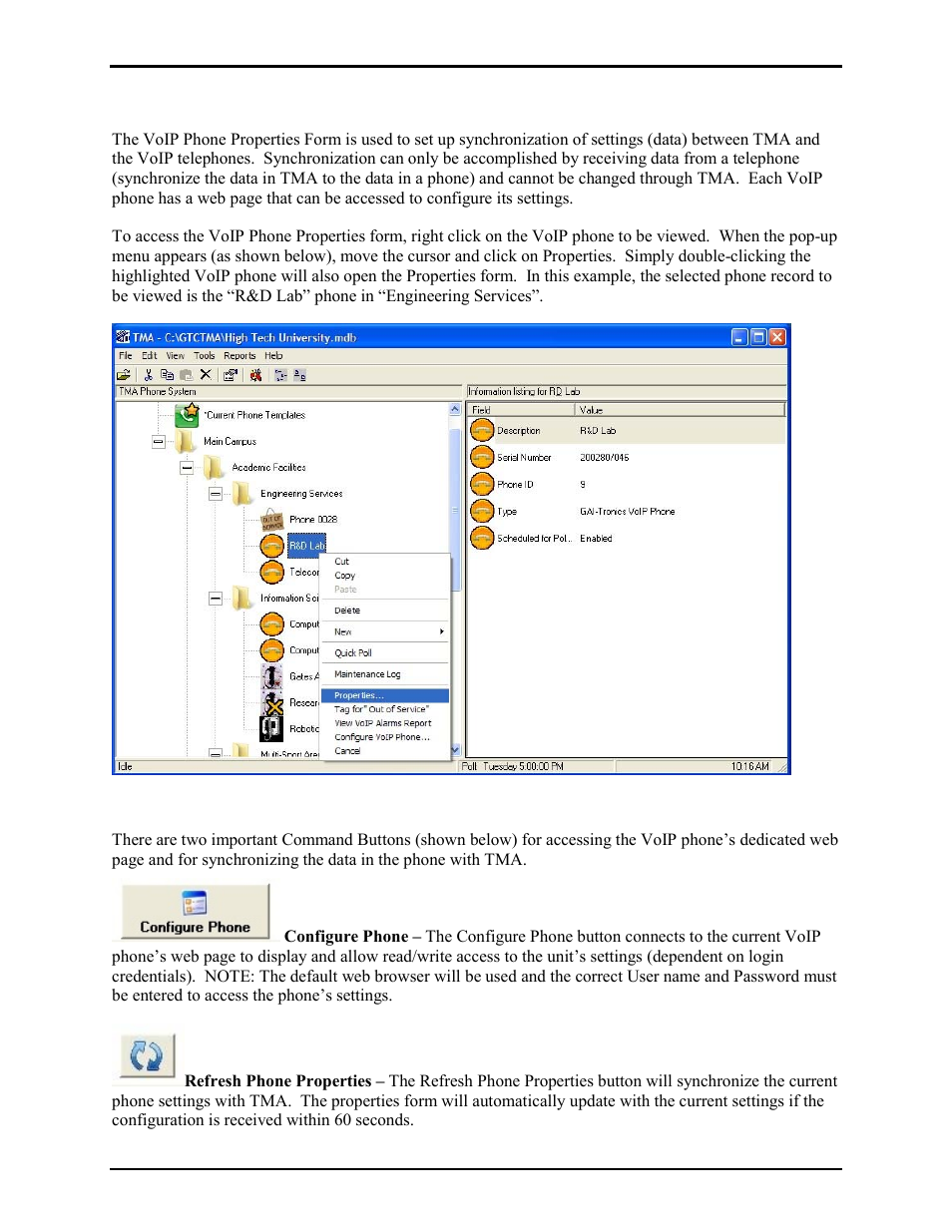 Voip phone properties form, Command buttons | GAI-Tronics TMA Version 7.5.0 Telephone Management Application (TMA) User Guide (Ver. 7.5.0 and newer) User Manual | Page 55 / 131