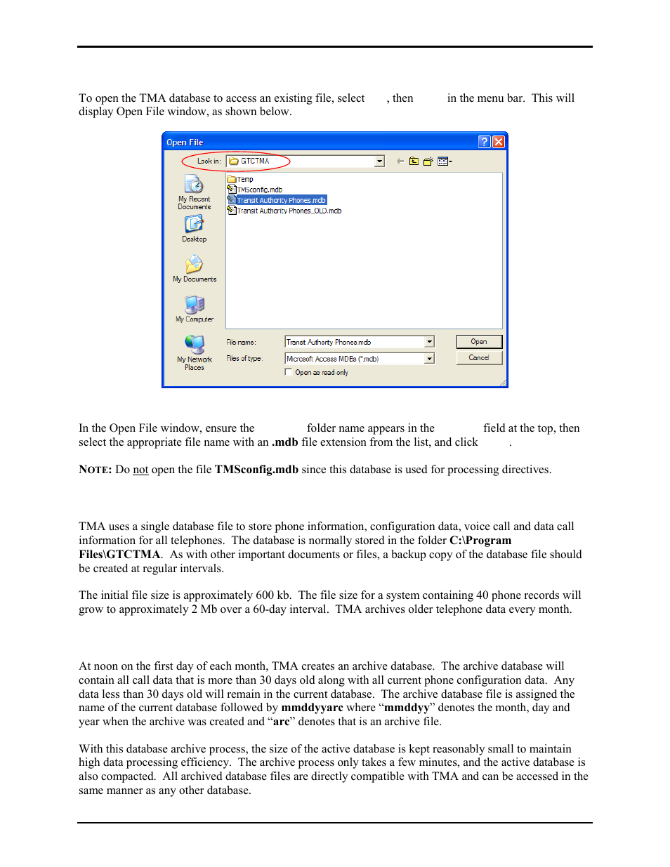 Opening an existing database file, Database back-up information, Tma database archives | GAI-Tronics TMA Version 7.5.0 Telephone Management Application (TMA) User Guide (Ver. 7.5.0 and newer) User Manual | Page 7 / 131