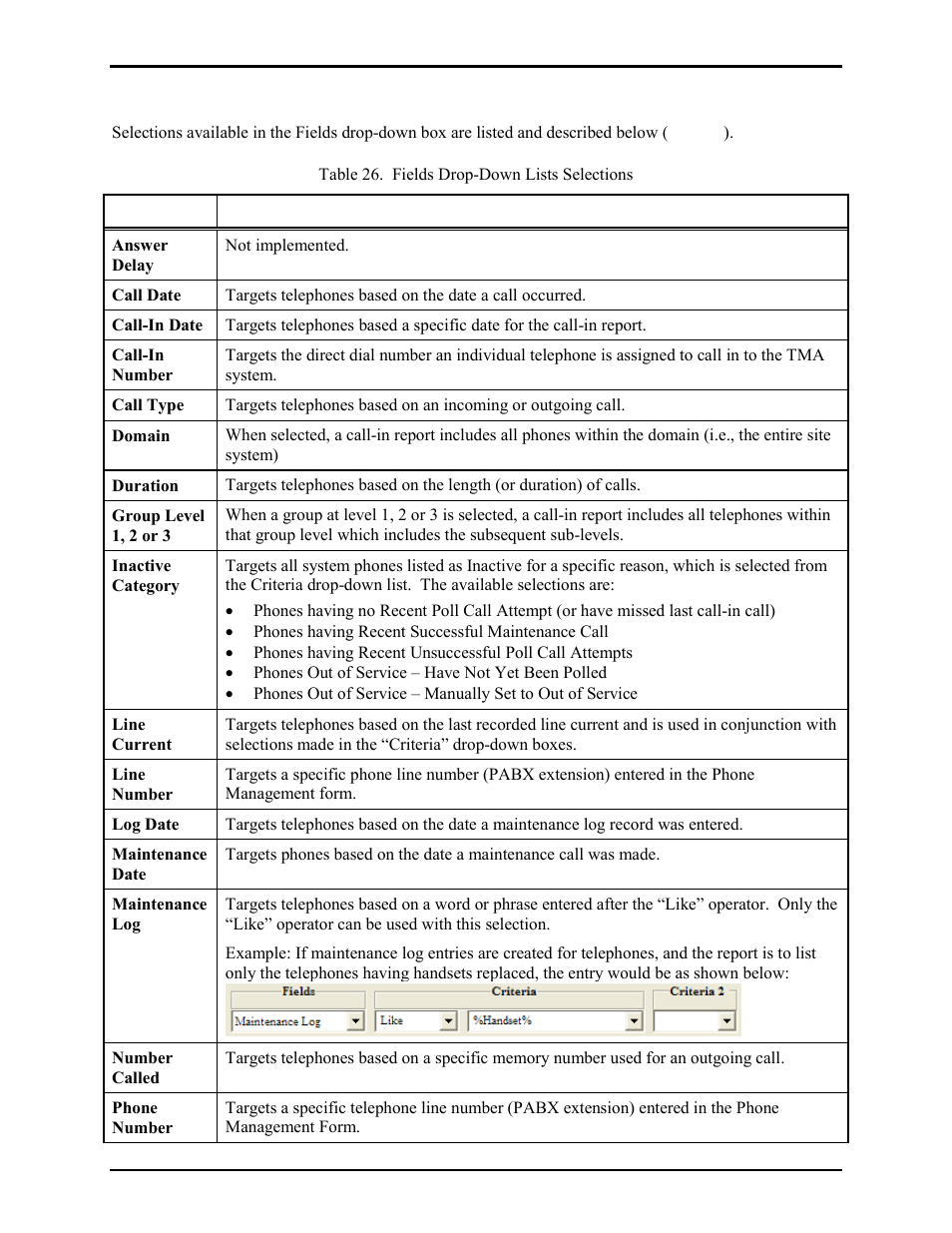 Fields drop-down list selections | GAI-Tronics TMA Version 7.5.0 Telephone Management Application (TMA) User Guide (Ver. 7.5.0 and newer) User Manual | Page 83 / 131