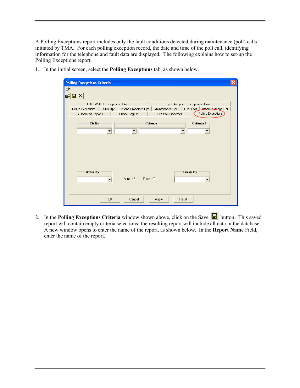 Polling exceptions report | GAI-Tronics TMA Version 7.5.0 Telephone Management Application (TMA) User Guide (Ver. 7.5.0 and newer) User Manual | Page 90 / 131