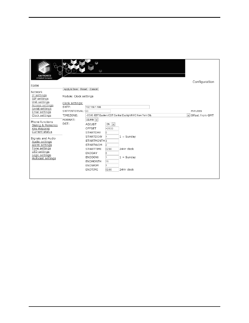 Clock settings page | GAI-Tronics VoIP Basic Programming Guide User Manual | Page 12 / 30