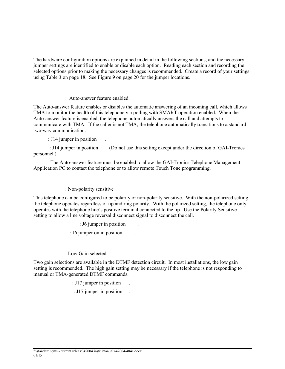 Setup, Hardware configuration, Auto-answer configuration | Polarity configuration, Dtmf gain select configuration | GAI-Tronics 295-001W, 295-001F Analog Clean Phone User Manual | Page 17 / 34