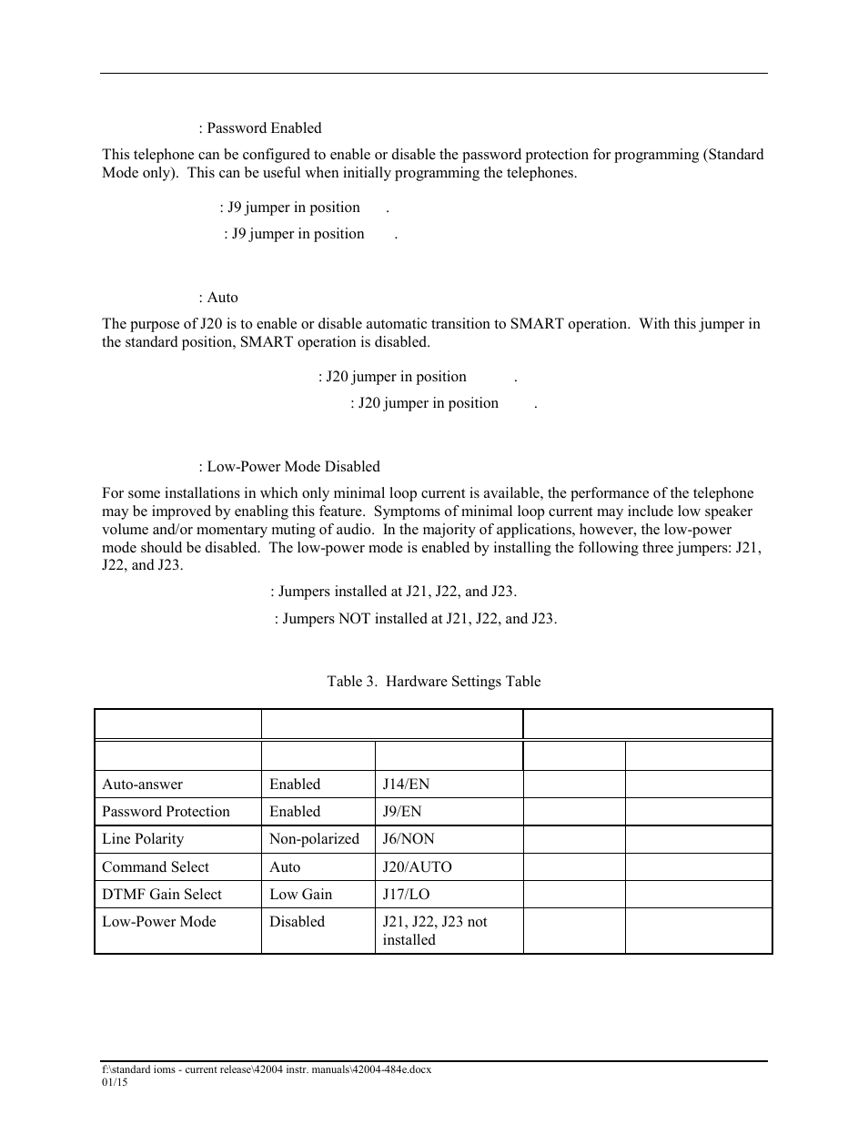 Password enable configuration, Command select configuration, Low-power mode configuration | Hardware settings | GAI-Tronics 295-001W, 295-001F Analog Clean Phone User Manual | Page 18 / 34