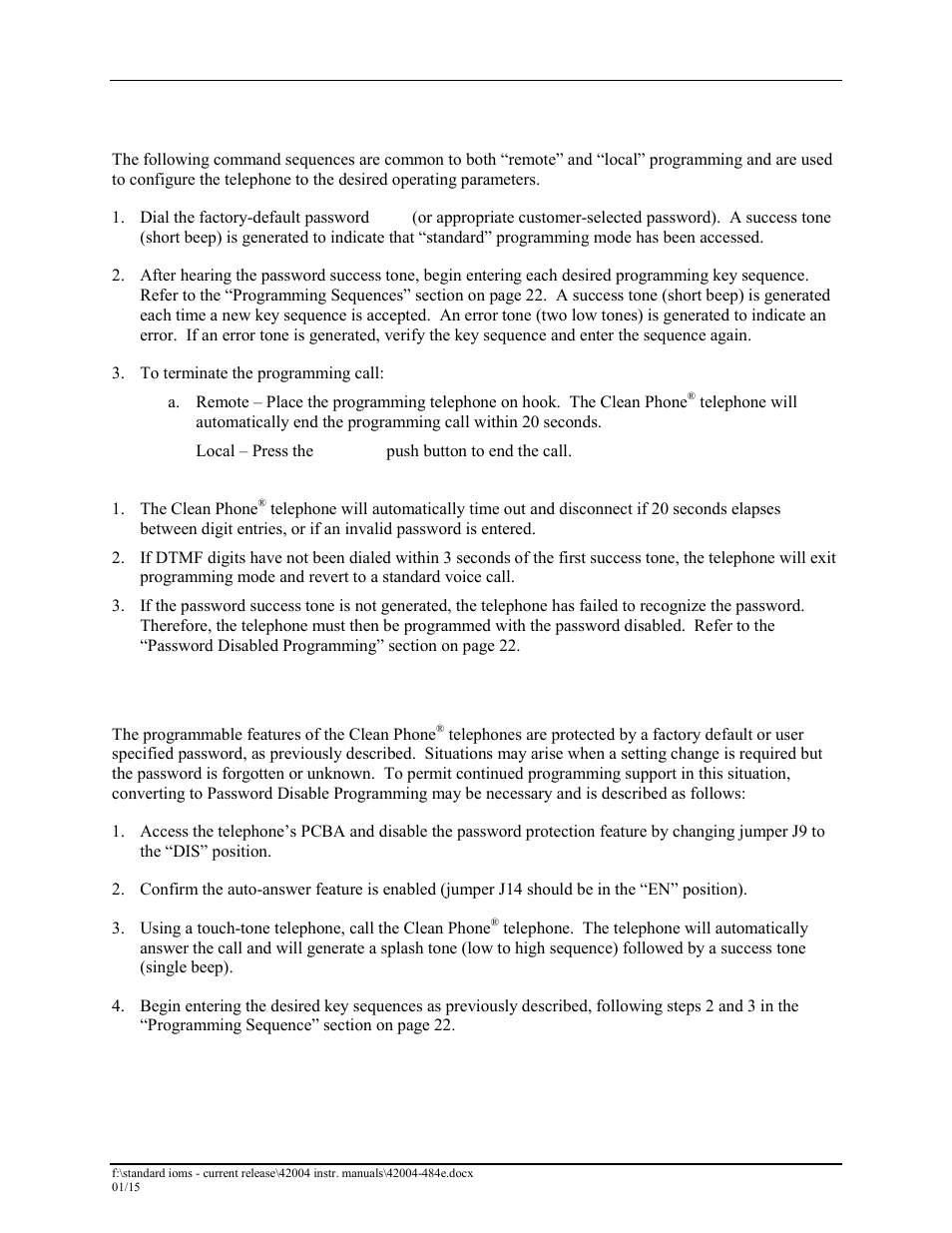 Programming sequence, Password disabled programming | GAI-Tronics 295-001W, 295-001F Analog Clean Phone User Manual | Page 22 / 34