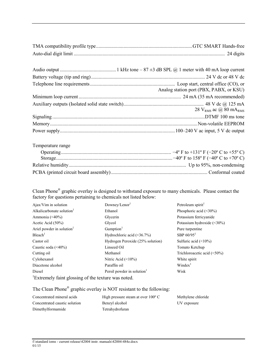Specifications | GAI-Tronics 295-001W, 295-001F Analog Clean Phone User Manual | Page 32 / 34