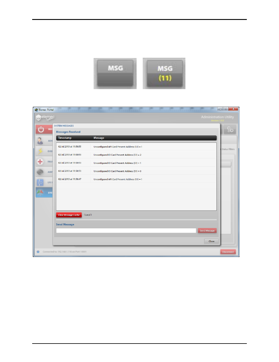 Msg button, System messages | GAI-Tronics Elemec3 Portal User Manual - Version 1.2 User Manual | Page 13 / 37