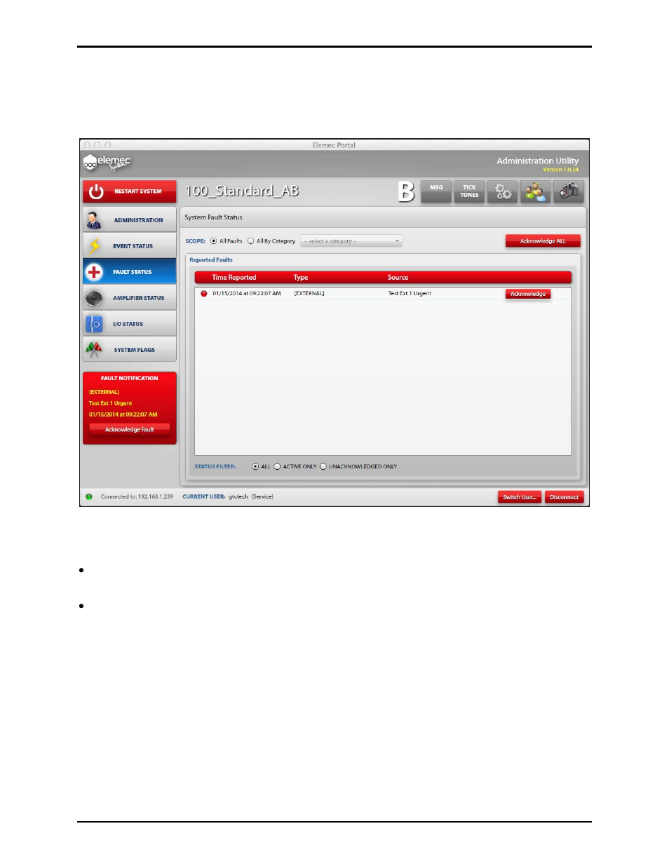 Fault status button, Fault notification panel | GAI-Tronics Elemec3 Portal User Manual - Version 1.2 User Manual | Page 30 / 37