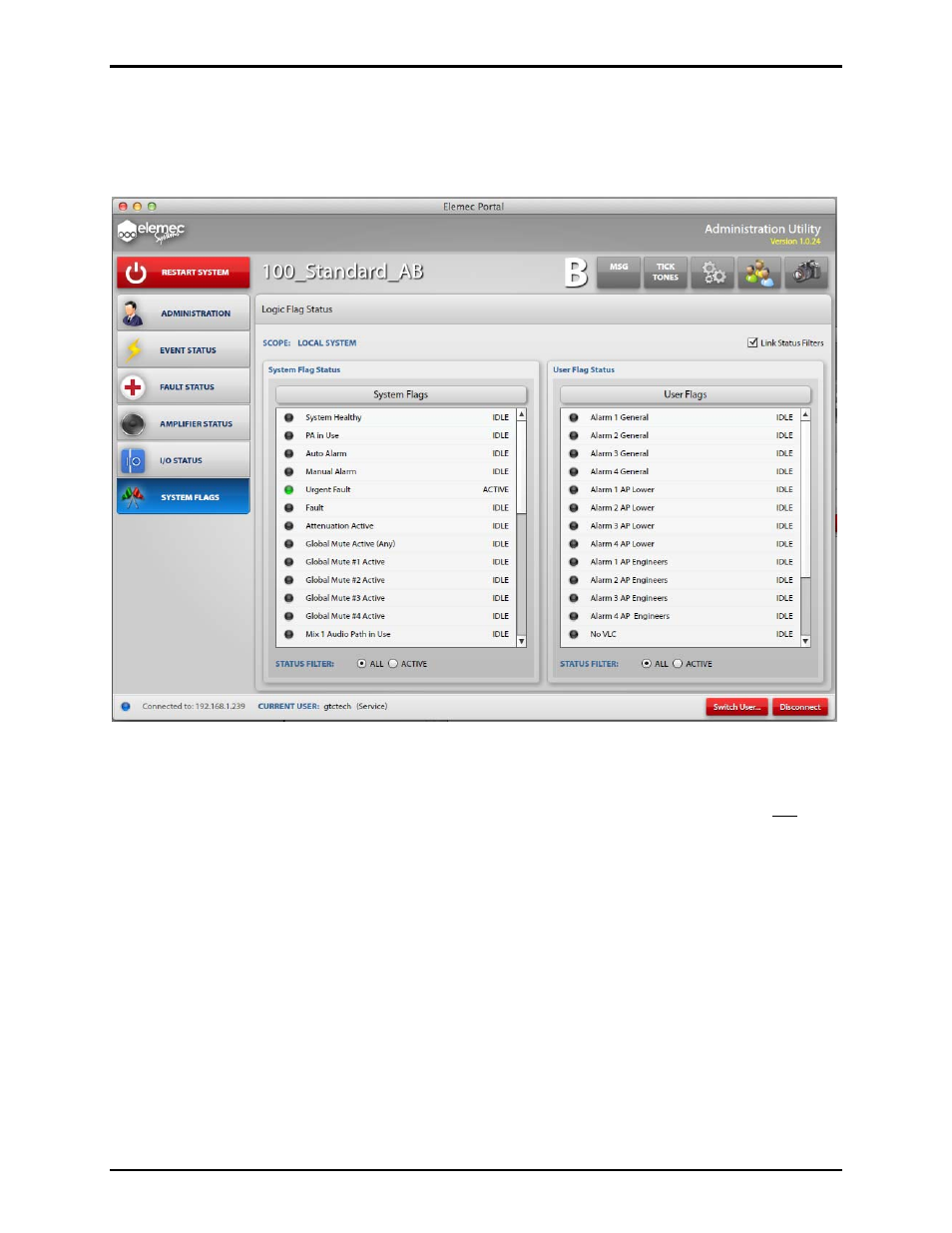 System flags button, Scope, System flag status / user flag status | Status filter | GAI-Tronics Elemec3 Portal User Manual - Version 1.2 User Manual | Page 37 / 37