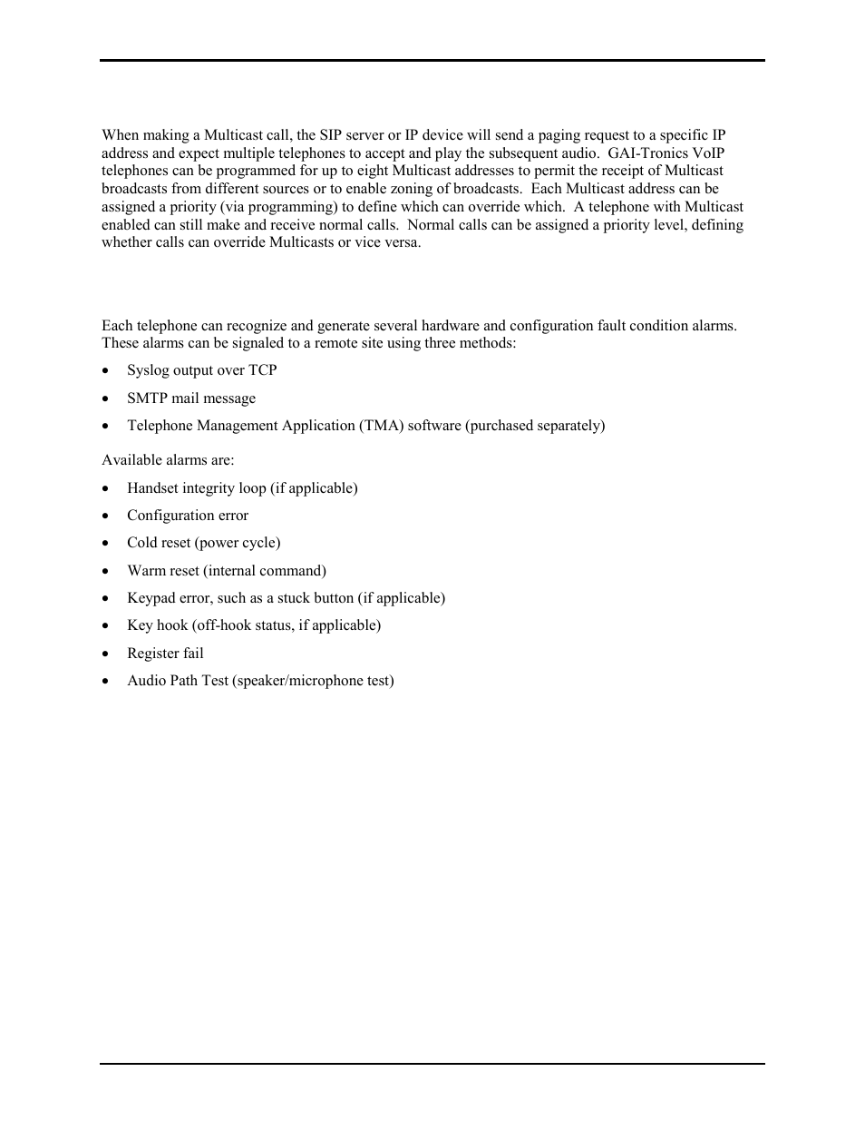 Amplifier paging (multicast broadcast), Monitoring and reporting | GAI-Tronics 352-7xx Division 1 VoIP Page Phones - Wired and WiFi User Manual | Page 24 / 30