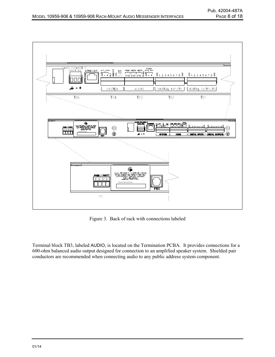 Field wiring, Audio output connections | GAI-Tronics 10959-908 Rack-Mount Audio Messenger Interfaces User Manual | Page 10 / 21