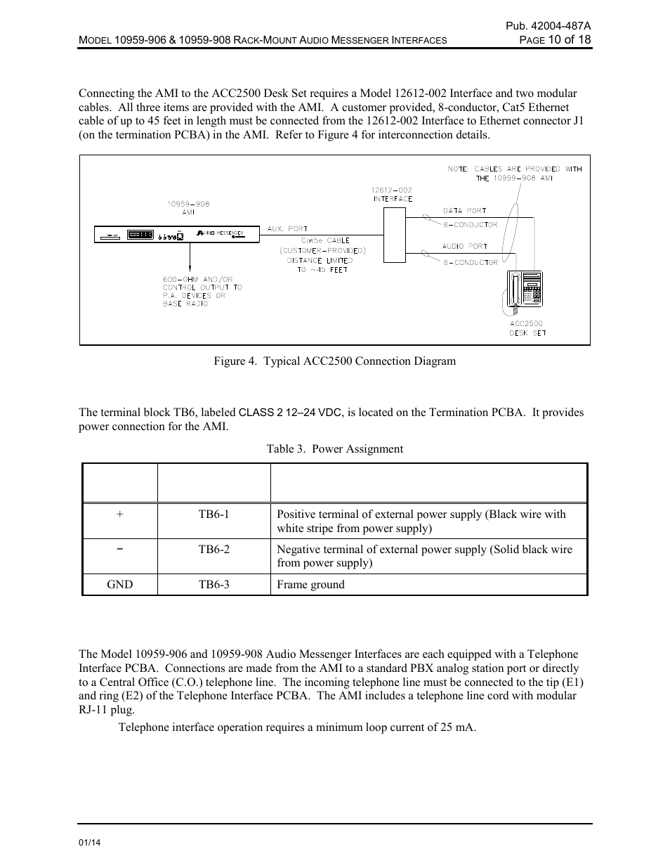 Acc2500 audio control center desk set connections, Telephone line connections | GAI-Tronics 10959-908 Rack-Mount Audio Messenger Interfaces User Manual | Page 12 / 21