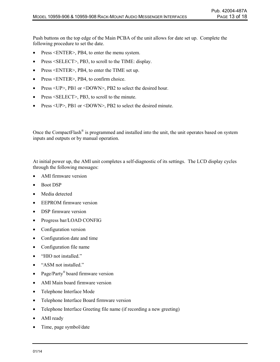 Time set up, Operation, Lcd display at initial power up | GAI-Tronics 10959-908 Rack-Mount Audio Messenger Interfaces User Manual | Page 15 / 21