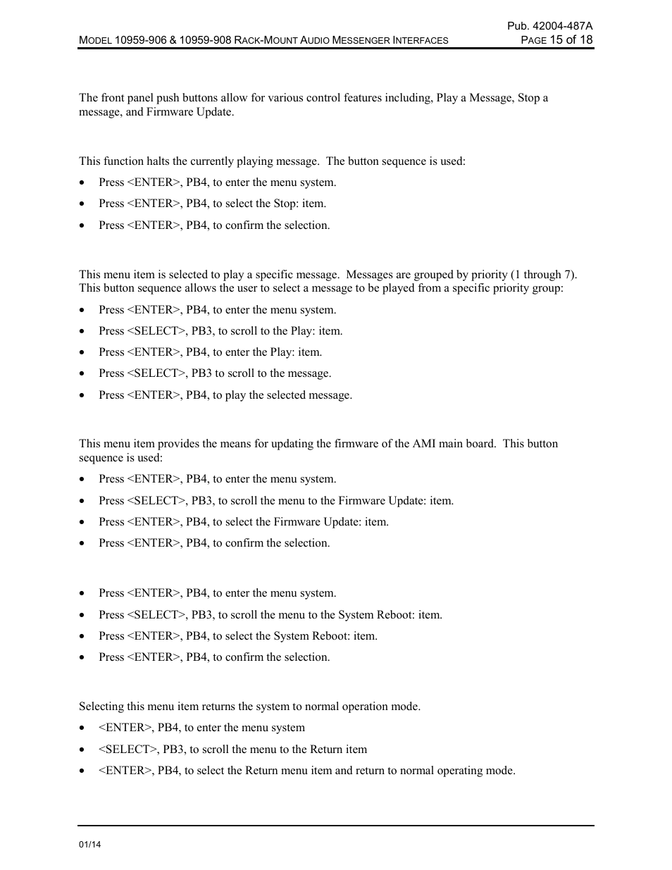 Push-button operation, Stop message, Play message | Firmware update, Reset ami, Return | GAI-Tronics 10959-908 Rack-Mount Audio Messenger Interfaces User Manual | Page 17 / 21