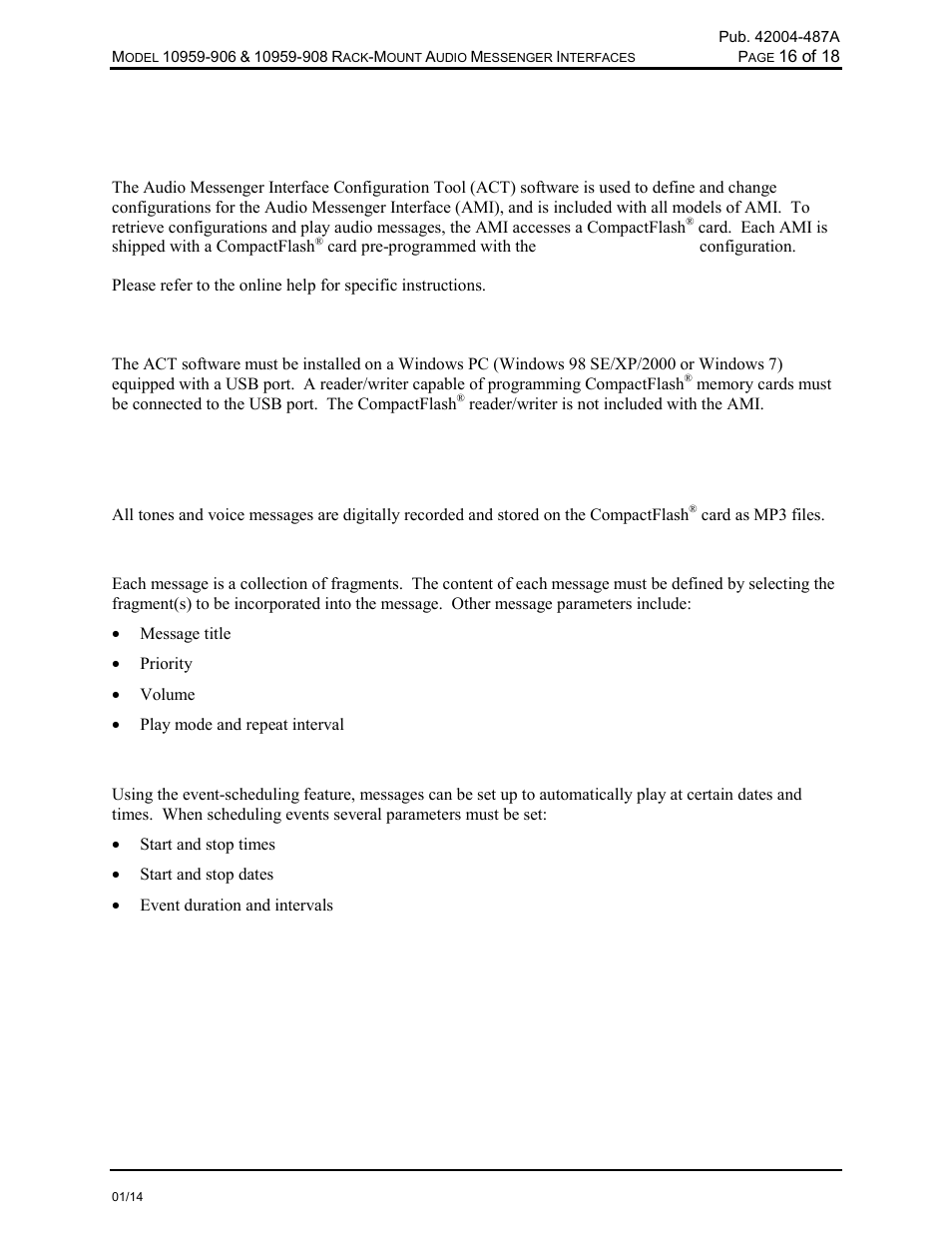 Ami configuration tool (act), Overview, System requirements | Configurable parameters, Fragments, Messages, Event scheduling | GAI-Tronics 10959-908 Rack-Mount Audio Messenger Interfaces User Manual | Page 18 / 21