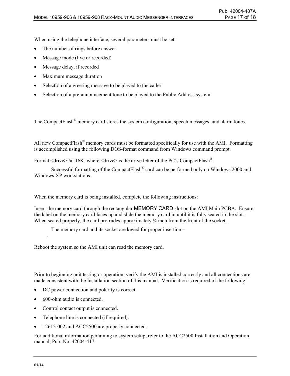 Telephone interface, Compactflash, Formatting | Card installation, Verification | GAI-Tronics 10959-908 Rack-Mount Audio Messenger Interfaces User Manual | Page 19 / 21