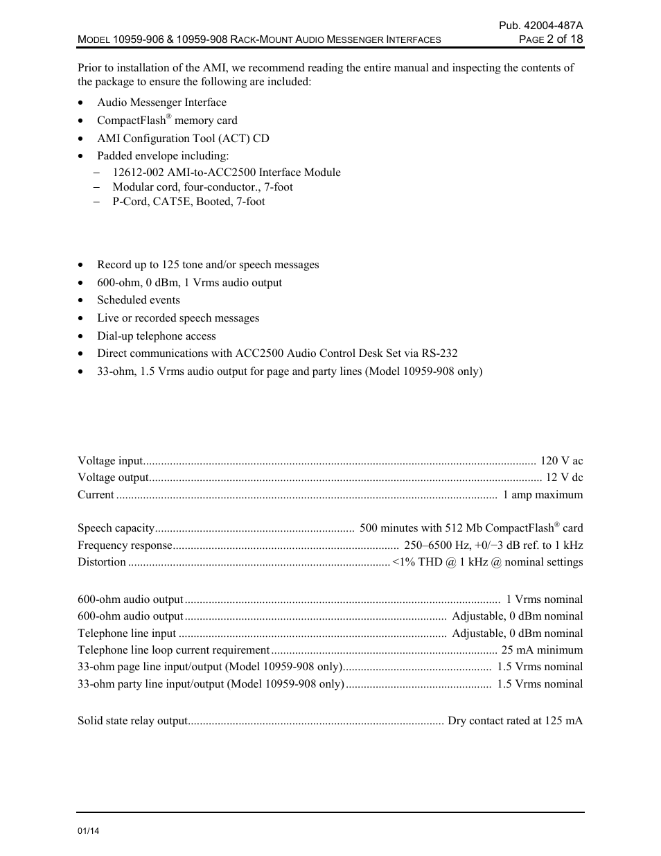 Features, Specifications | GAI-Tronics 10959-908 Rack-Mount Audio Messenger Interfaces User Manual | Page 4 / 21