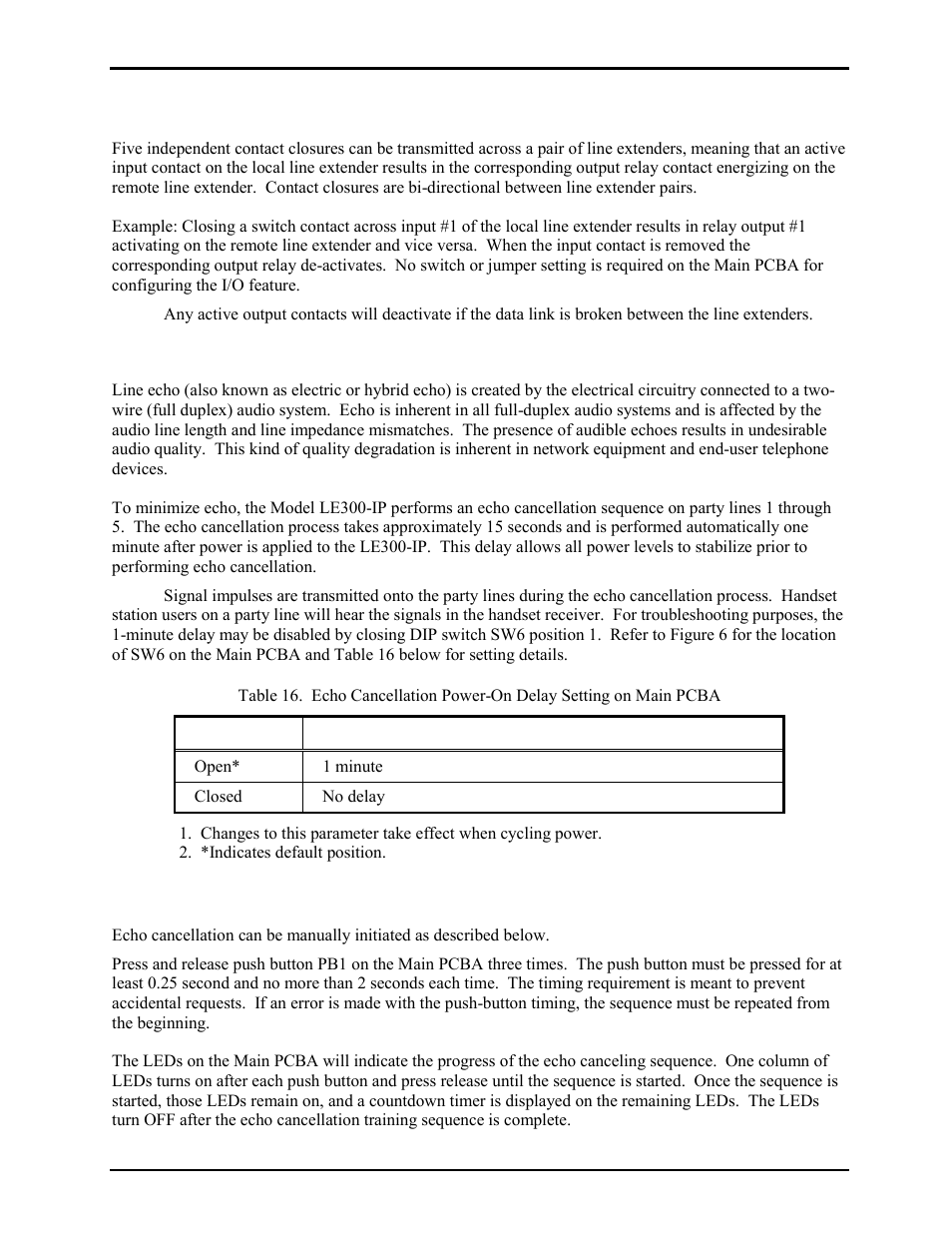 Contact closure inputs & relay outputs (i/o), Echo cancellation, Manual initiation of echo canceling | GAI-Tronics LE300-IP Page/Party Line Extender User Manual | Page 19 / 72
