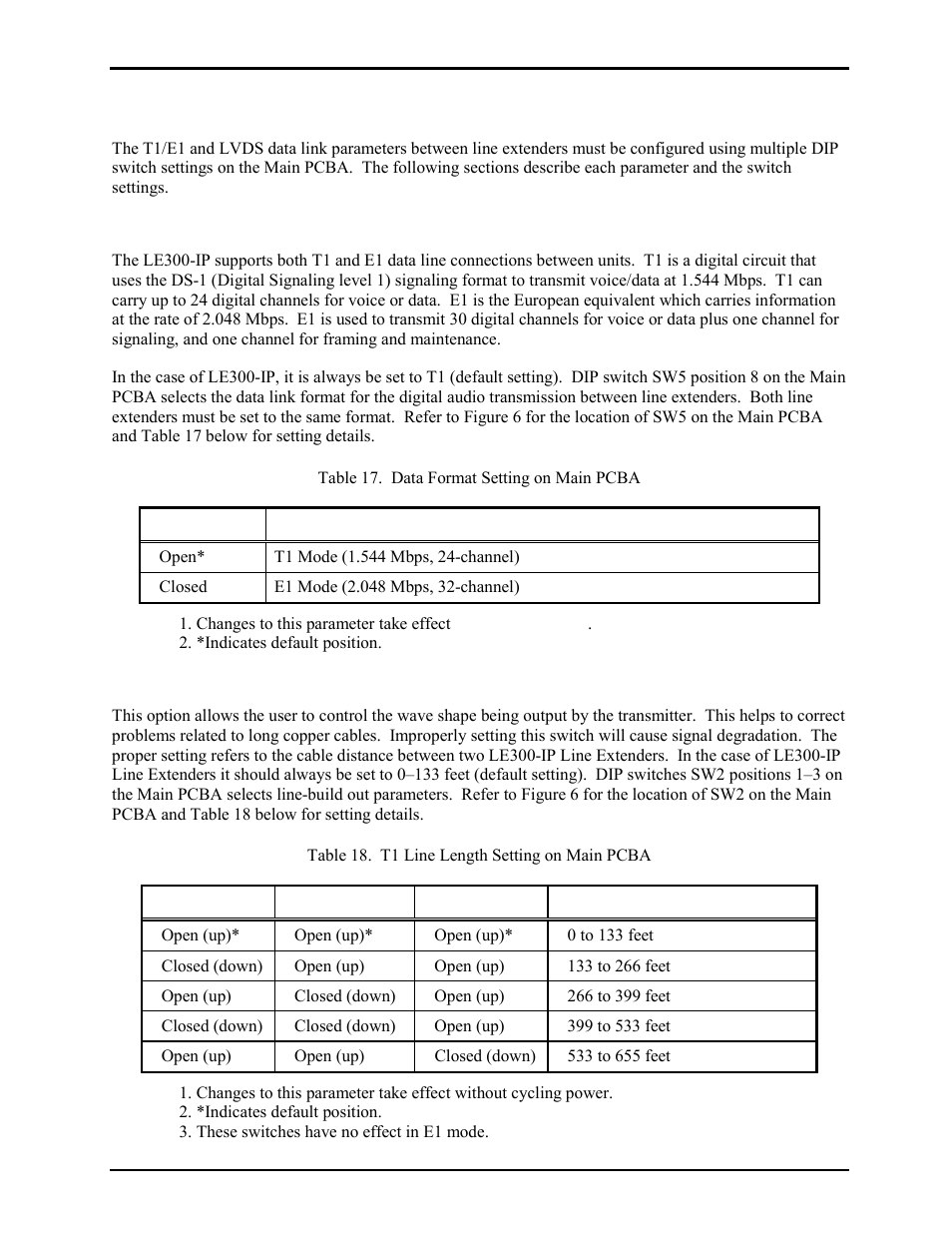 Configuring the data links, T1/e1 data format selection, T1 line build-out settings | GAI-Tronics LE300-IP Page/Party Line Extender User Manual | Page 21 / 72