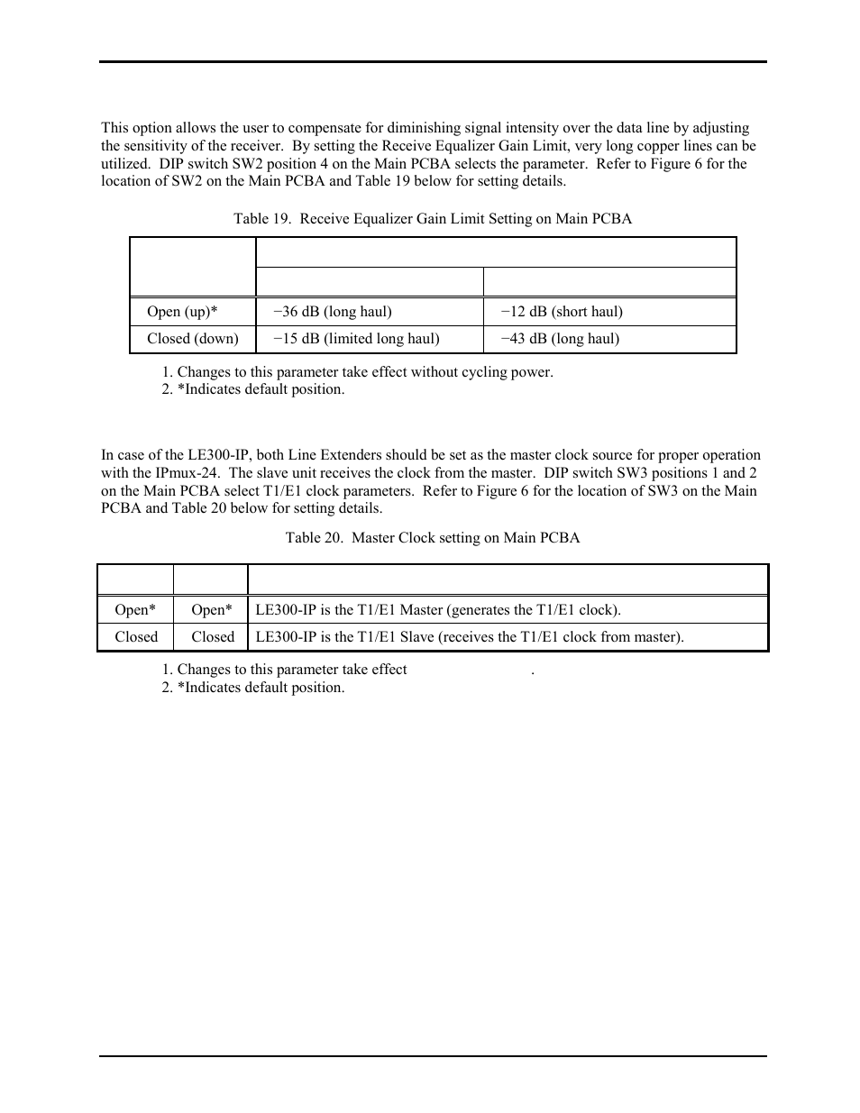 T1/e1 receiver equalization gain limit, T1/e1 clock source | GAI-Tronics LE300-IP Page/Party Line Extender User Manual | Page 22 / 72