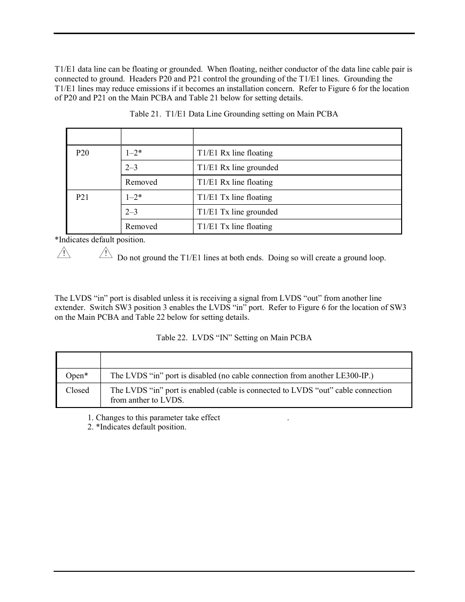 T1/e1 data line grounding, Lvds data link settings | GAI-Tronics LE300-IP Page/Party Line Extender User Manual | Page 23 / 72