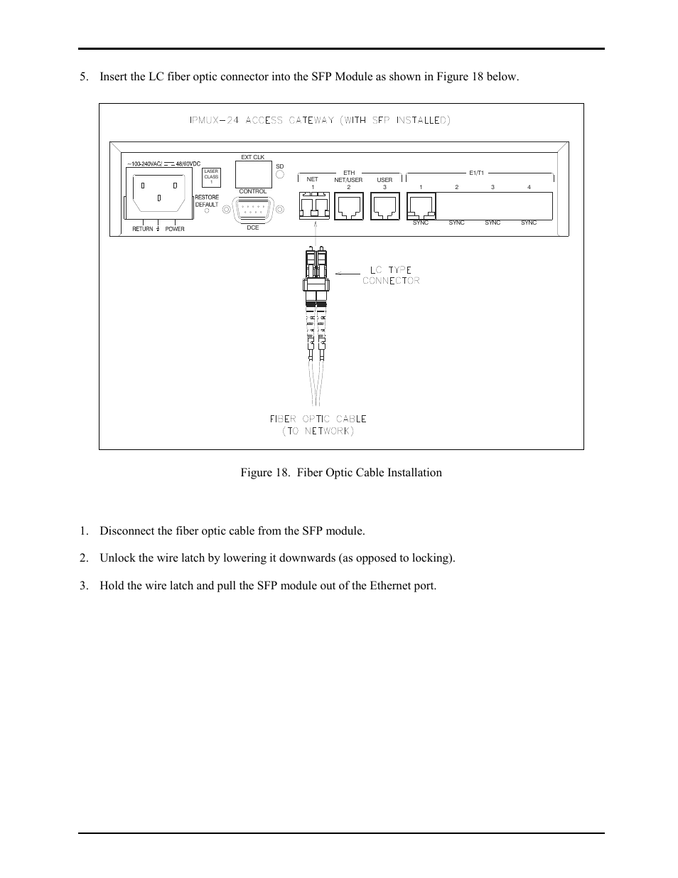 Removing the sfp module, 36 of 68, Figure 18. fiber optic cable installation | Le300-ip | GAI-Tronics LE300-IP Page/Party Line Extender User Manual | Page 39 / 72