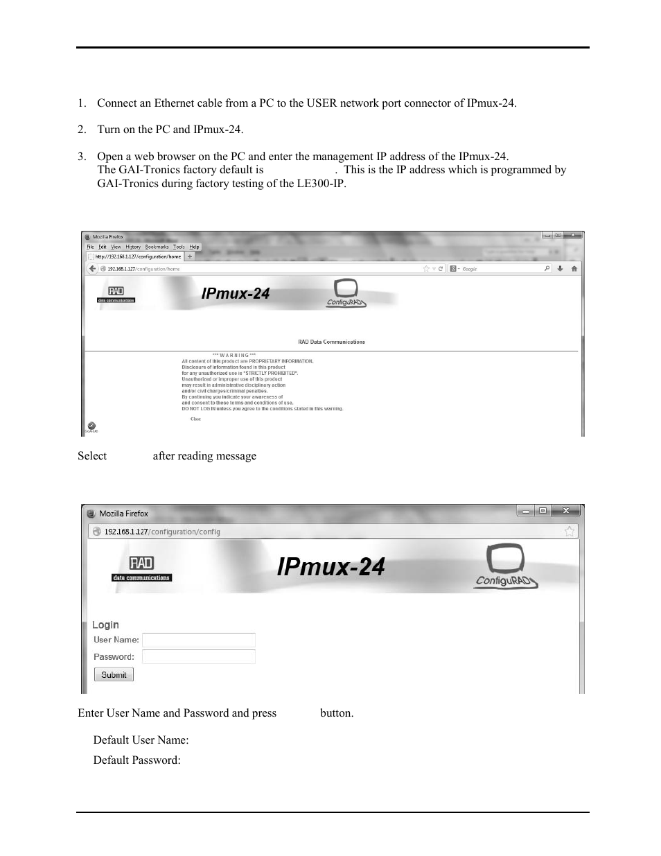 Initial screen, Login screen, Accessing the ipmux-24 webpage | GAI-Tronics LE300-IP Page/Party Line Extender User Manual | Page 41 / 72