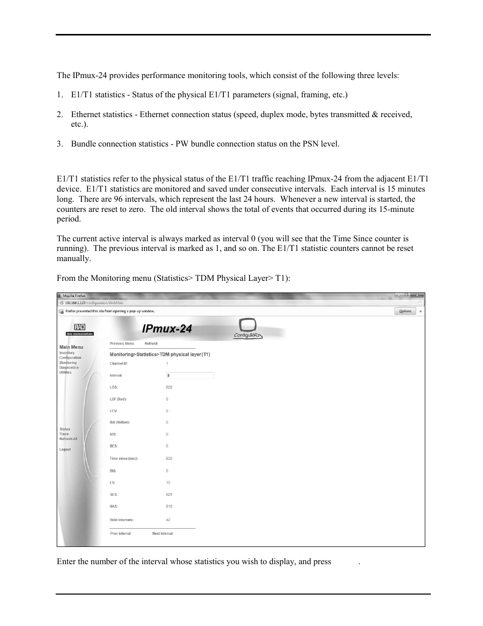 Performance monitoring, E1/t1 statistics | GAI-Tronics LE300-IP Page/Party Line Extender User Manual | Page 60 / 72