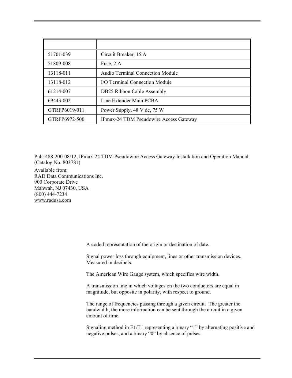 Replacement parts, Reference material, Definitions and acronyms | GAI-Tronics LE300-IP Page/Party Line Extender User Manual | Page 68 / 72