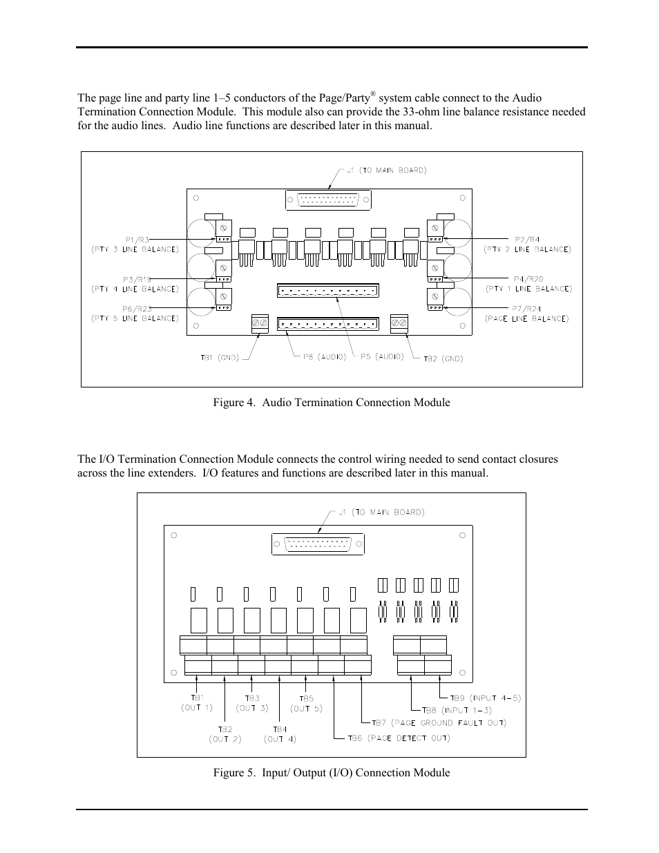 Audio termination connection module, Input/output (i/o) termination connection module | GAI-Tronics LE300-IP Page/Party Line Extender User Manual | Page 7 / 72