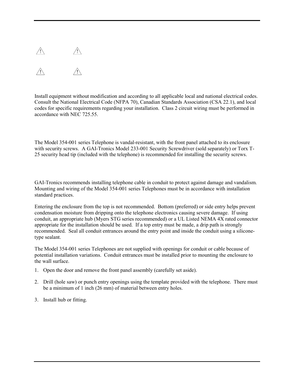 Installation, Security hardware, Conduit installation details | GAI-Tronics 354-001OR NEMA 4X Telephone User Manual | Page 3 / 11