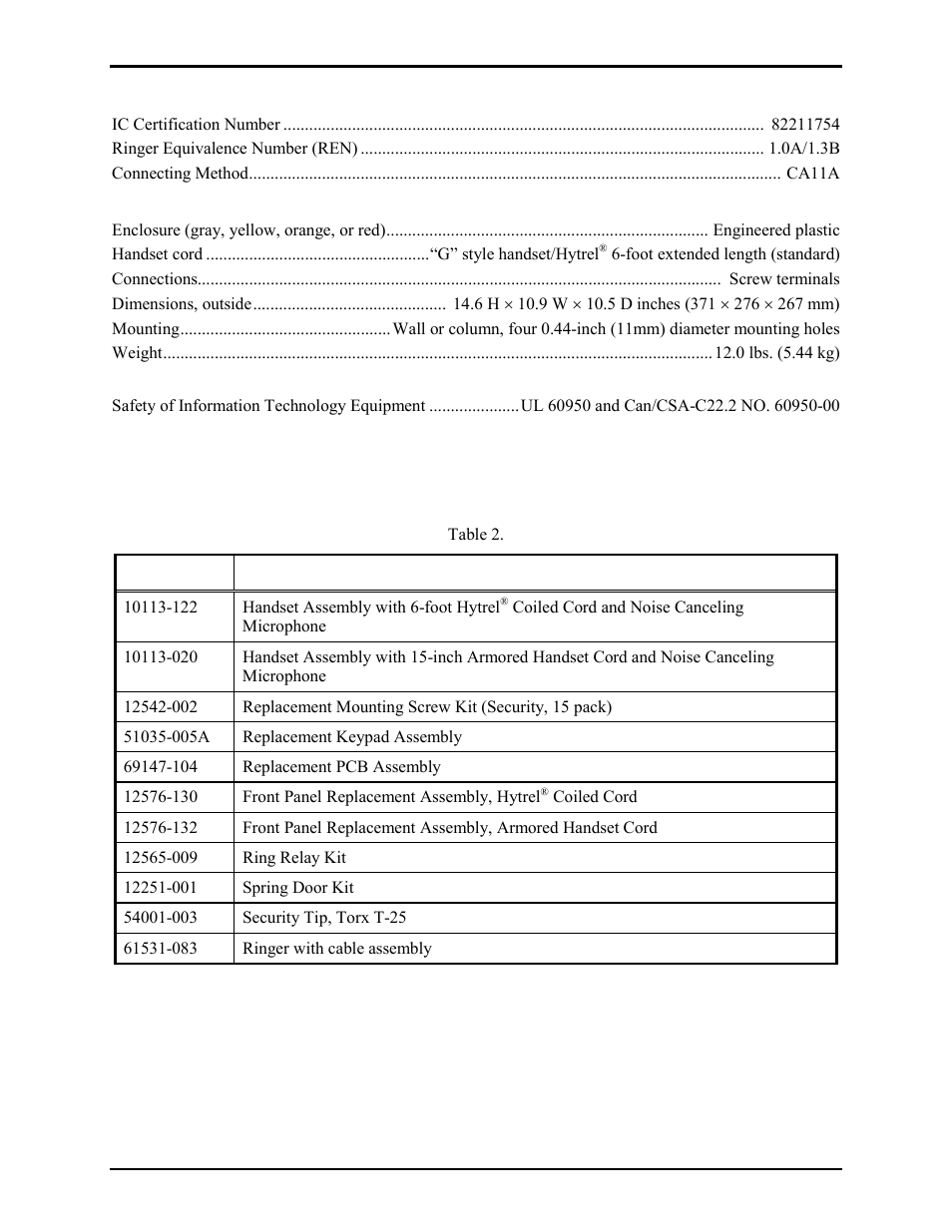 Replacement parts and accessories | GAI-Tronics 354-001OR NEMA 4X Telephone User Manual | Page 9 / 11