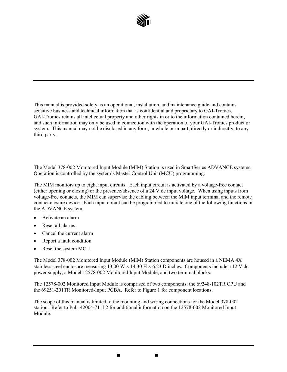 GAI-Tronics  378-002  Monitored Input Module (MIM) Station User Manual | 11 pages